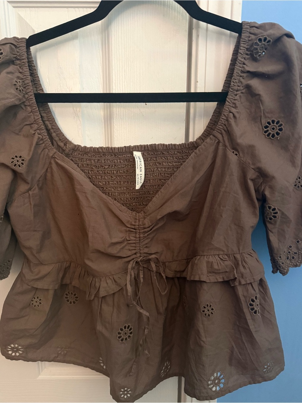 American Eagle Outfitters Brown Eyelet Peplum Blouse